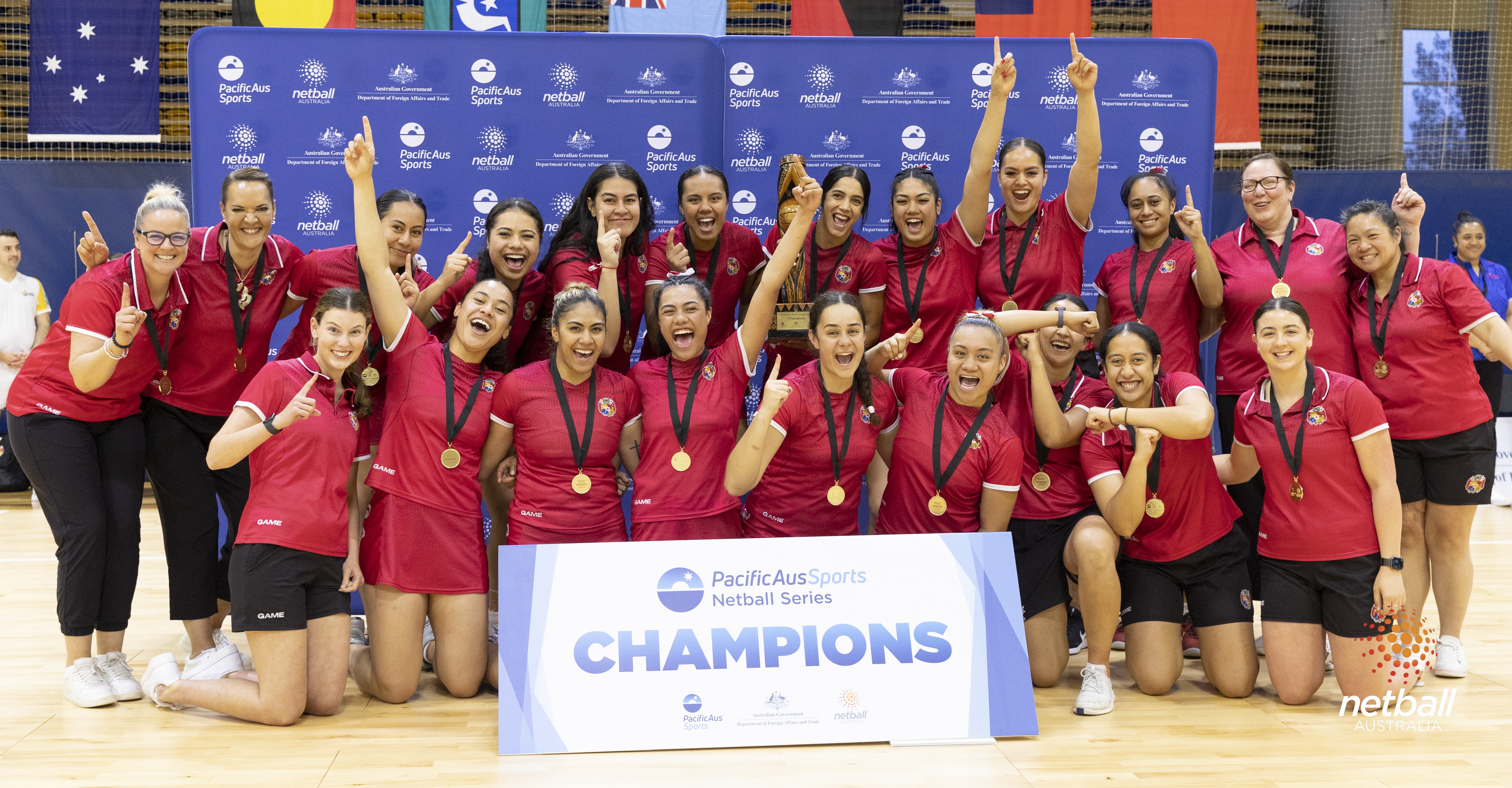 Celebrating PacificAus Sports October 2022 series success by the Tongan Netball Team