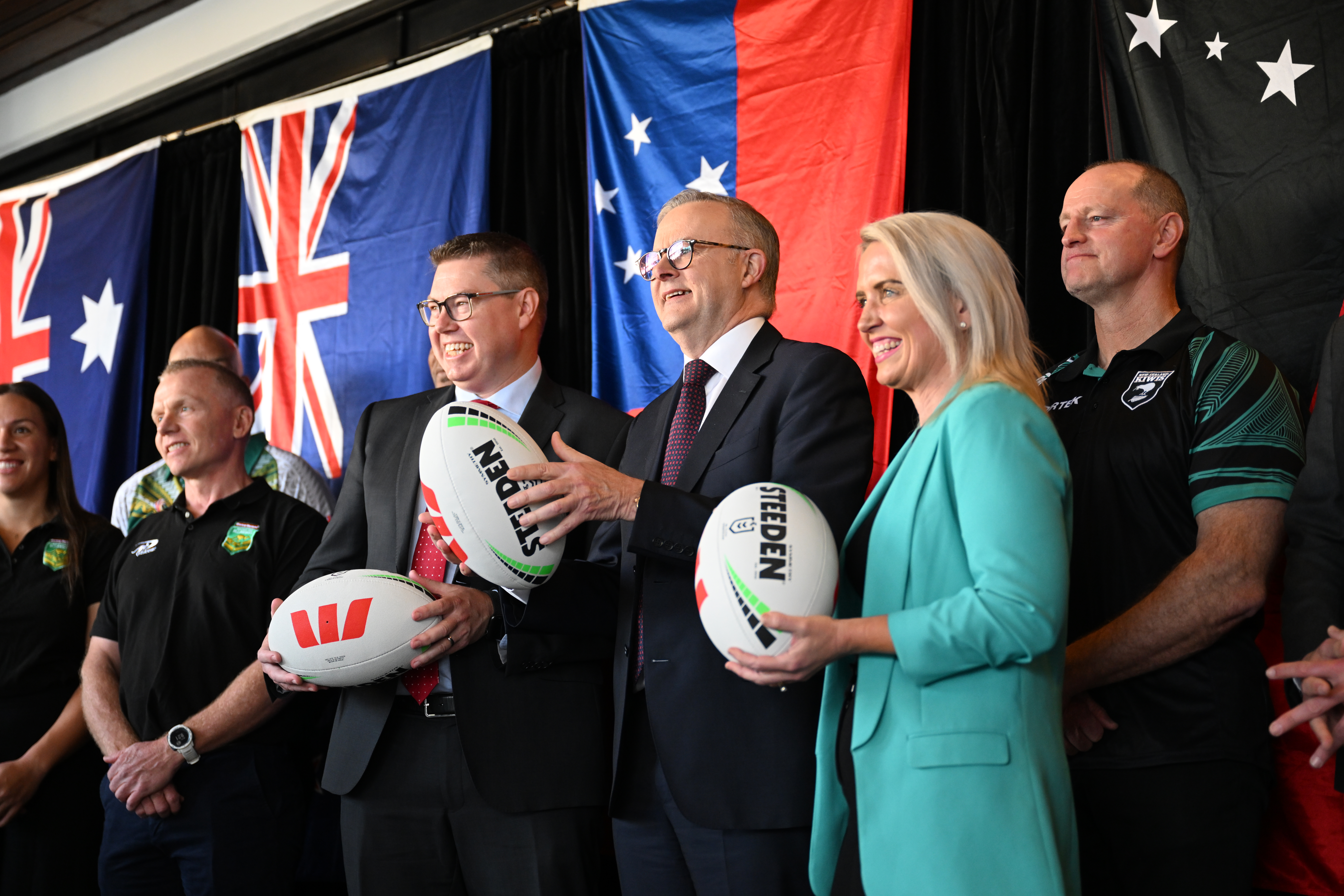 Minister for International Development and the Pacific, the Hon. Pat Conroy MP; Prime Minister the Hon. Anthony Albanese MP; Kate Jones, Commissioner, National Rugby League