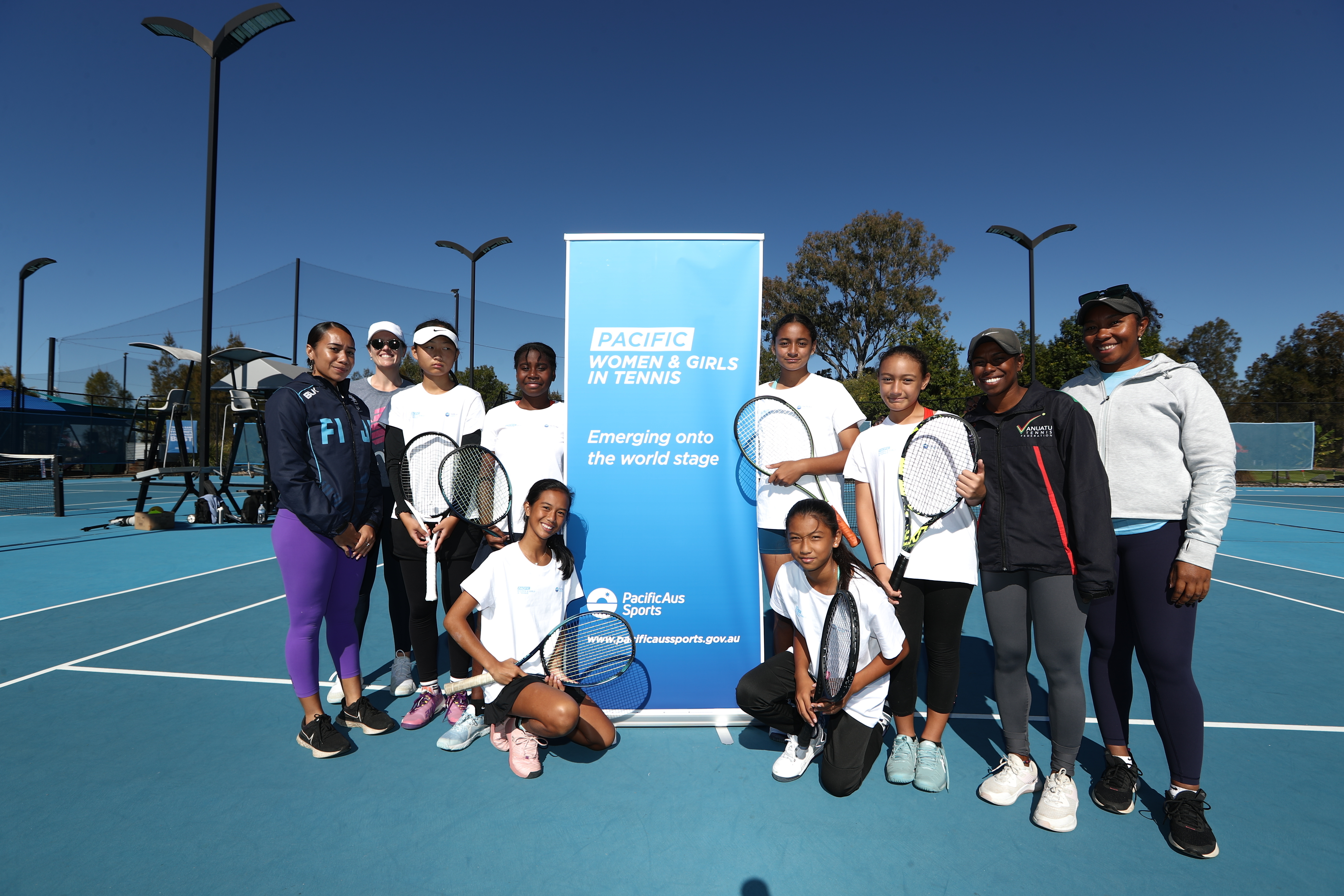 Pacific women coaches from PNG, Vanuatu and Fiji mentored at the girls talent camp at the Gold Coast, pictured with athletes participating in the camp